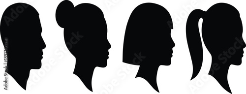 Four black silhouettes of human heads in profile facing right