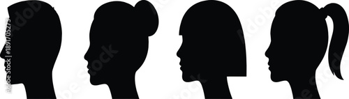Four black silhouette profiles of diverse hairstyles and head shapes face