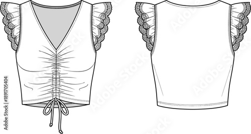 PrintVector, technical, flat, sketch, of, a, women, sleeveless, V, neck, ruched, crop, top, featuring, delicate, lace, trim, ruffles, and, a, front, drawstring, tie, detail