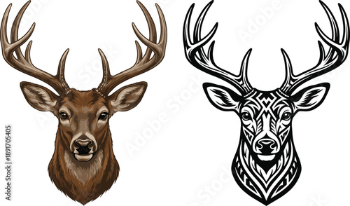 Realistic brown deer head and black tribal deer head with antlers stag