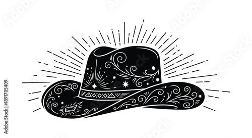 An intricately detailed cowboy hat illustration with radiating lines showcasing a striking black design silhouette high quality professional