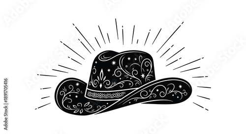 An intricately decorated cowboy hat is prominently displayed against a white background with radiating lines a striking silhouette