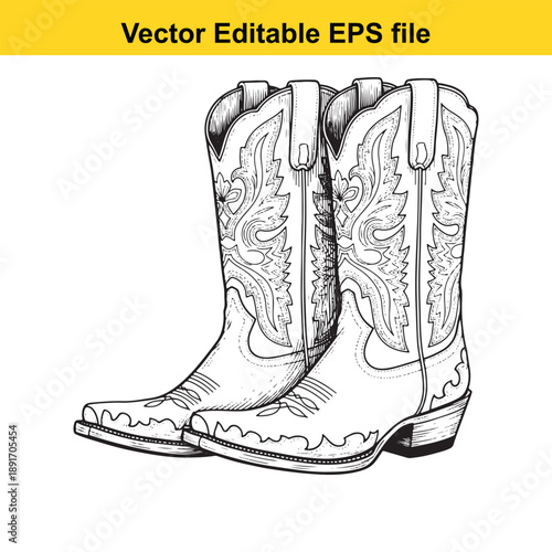  vector illustration of cowboy boots in editable eps format with intricate designs
