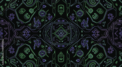 Intricate pattern featuring floral motifs and geometric shapes in a symmetrical design on a dark background from a direct viewpoint