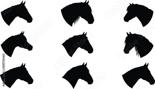 Nine black horse head silhouettes in profile on white background