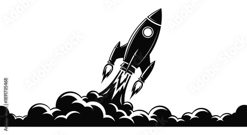 A detailed illustration depicts a rocket launching with fiery exhaust set against a cloudscape a striking silhouette