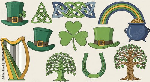 St patrick's day symbols and icons with hats rainbow and clover