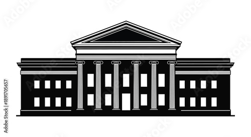 A striking black and white illustration depicts a classical building facade with columns creating a bold silhouette