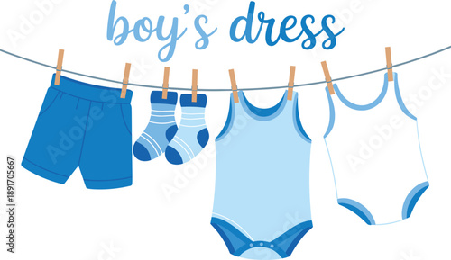 Blue baby boy clothes hanging on a clothesline with text "boy's dress clothing outfit