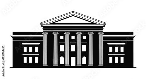 A striking black and white depiction of a classical building facade with prominent columns rendered as a silhouette high quality