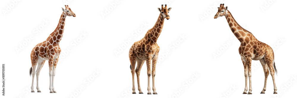 Obraz premium Three giraffes with distinct poses and patterns isolated on a transparent background