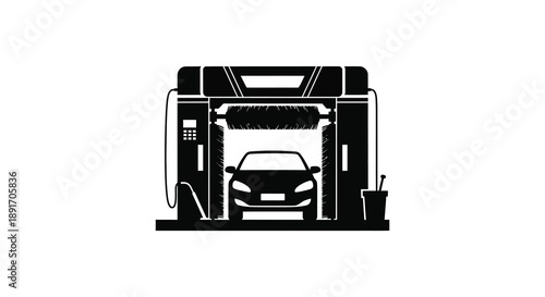 A stark black graphic depicts a car wash structure with a vehicle passing through creating a bold silhouette