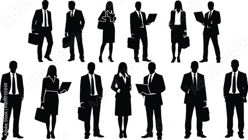 Black silhouettes of business people standing with briefcases and laptops business, people, silhouettes, black, white, background, briefcases, laptops, standing, suits, ties, dresses, office, professi