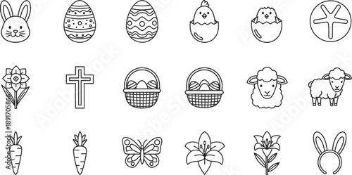 Easter themed illustrations including bunnies eggs and religious symbols