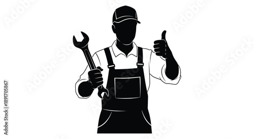A black silhouette of a mechanic holding a wrench and giving a thumbs up gesture showcasing skilled labor silhouette