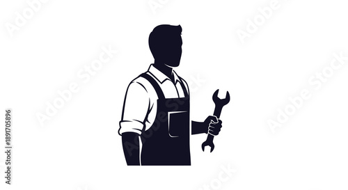 A striking black silhouette depicts a male mechanic holding a wrench representing skilled trades and repair work silhouette