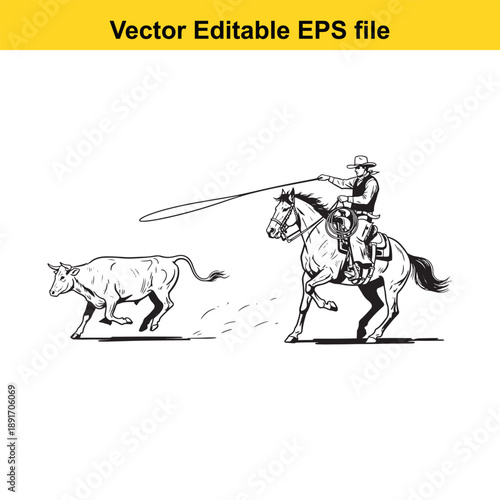  cowboy on horseback lassoing a cow with a rope in a classic western scene