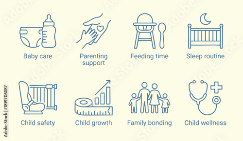 Essential baby care and parenting support icons for child development