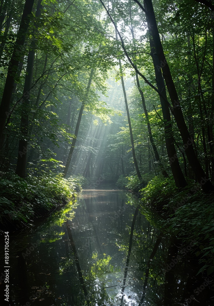 Obraz premium An ethereal natural landscape featuring dazzling, reflective light dancing across wet surfaces, evoking a dreamlike forest environment ,atmospheric ,nature ,tranquil