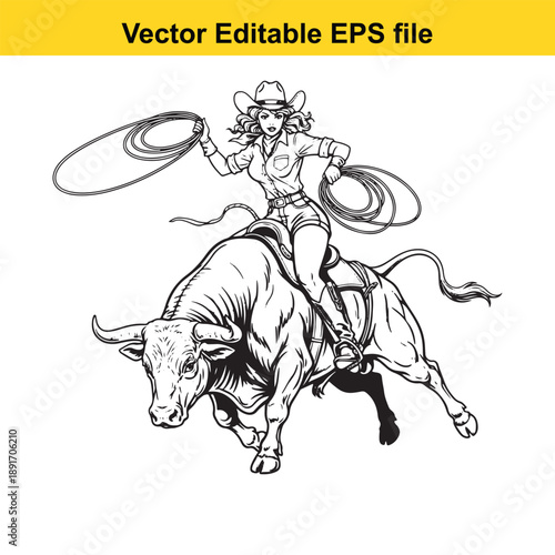  cowgirl riding a bull with lasso in hand in a vector illustration