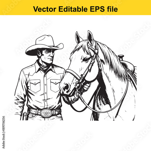  cowboy standing next to a horse in a black and white illustration