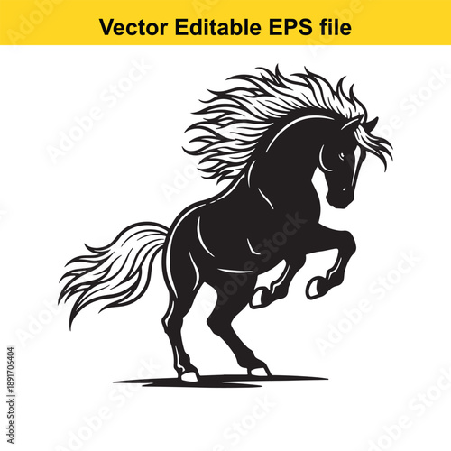  black horse silhouette with flowing mane and tail vector illustration