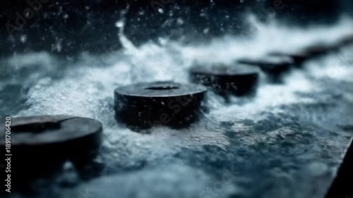 Industrial fluid flow over dark objects with blurred background