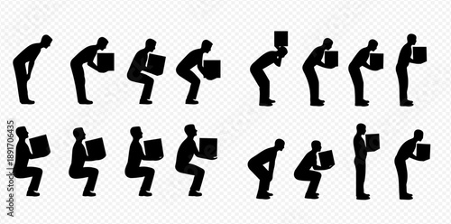 Proper and improper lifting techniques for safety and injury prevention in the workplace.