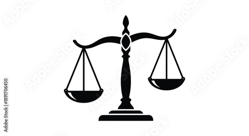 A stark black scales of justice illustration conveys concepts of balance fairness and legal proceedings a powerful silhouette