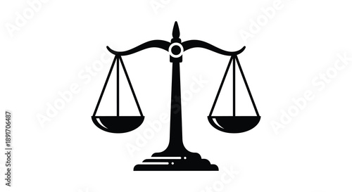 A stark black scales of justice image represents balance fairness and legal proceedings shown as a silhouette