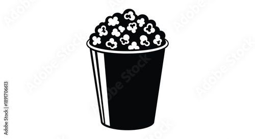 A black and white illustration depicts a full container of popcorn showcasing a classic movie snack silhouette