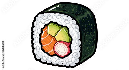 Delicious Sushi Roll with Salmon and Avocado Filling.