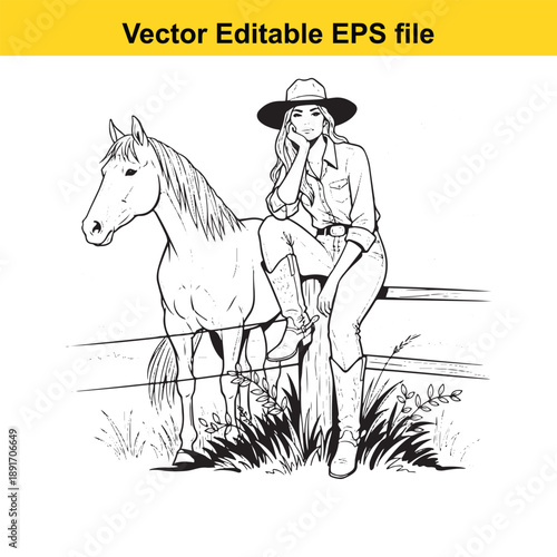 vsai Woman in cowboy hat sitting on fence with horse vector illustration rural scene country lifestyle equestrian theme