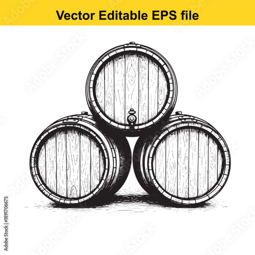 vsai Three wooden barrels stacked in a pyramid shape black and white illustration vector eps file