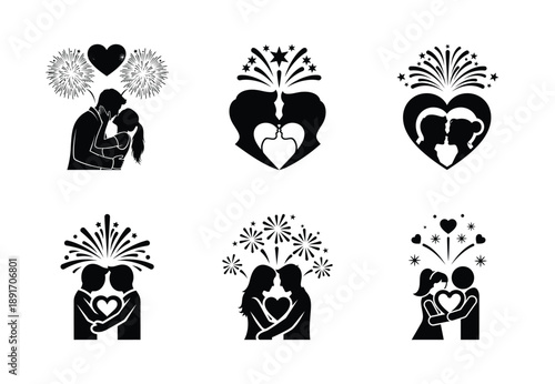 Collection of a black love fireworks couple vector icon set. valentines day silhouette icons.