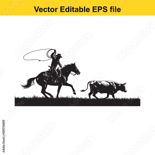 vsai Cowboy on horseback herding bull with lasso in a rural landscape scene