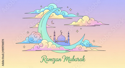 Ramadan mubarak greeting card with mosque and crescent moon