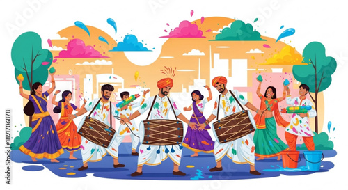 People celebrate holi festival with colorful powders and drums outdoors