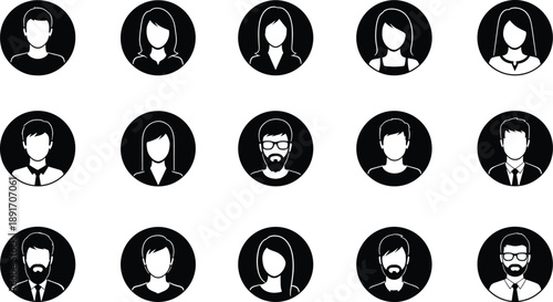 Black and white of 14 faceless people in circles avatars people, faceless, black and white, circles, avatars, profiles, silhouettes, line simple, minimalist, diverse, group, portrait, headshots, busin