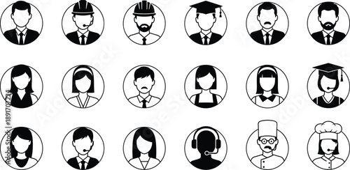 Black and white of people with various professions and hairstyles black and white, people, professions, hairstyles, business, education, chef, headsets, graduation caps, hard hats, suits, ties, glasse