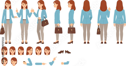 Comprehensive set of female business character creation components featuring various poses expressions and essential accessories for professional animation projects