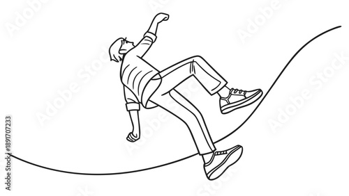 A person wearing casual clothing loses balance while stepping precariously along a sharply curved, undulating line.