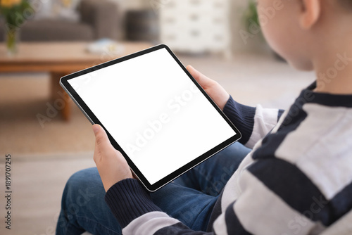 Child Holding Tablet with Blank White Screen at Home – UI UX App Mockup