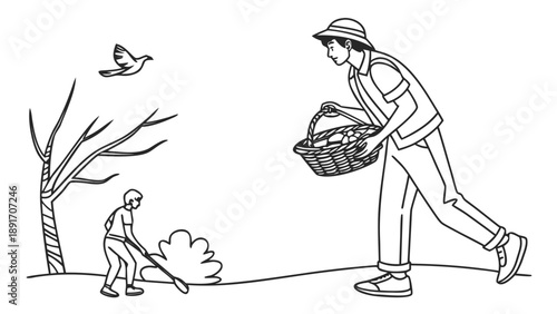 Park volunteer carrying a woven basket approaches a smaller person tending to low shrubbery near a bare tree.