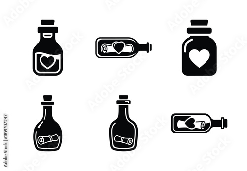 Collection of a black love message bottle vector icon set. valentines day silhouette icons.
