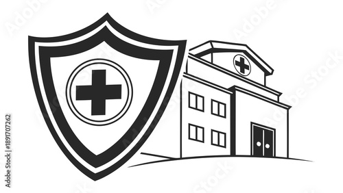 A large medical protection shield icon stands beside a simplified hospital building drawing for healthcare security concepts.