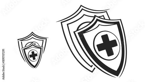 Two overlapping protective shields displaying a medical cross symbol represent strong health insurance coverage and security.