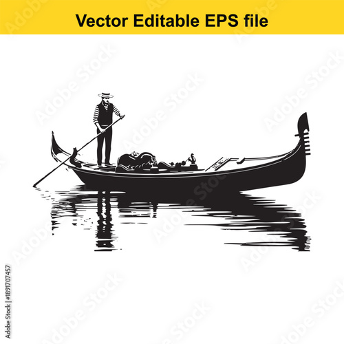vsai Silhouette of a gondolier rowing a gondola on calm water with a white background