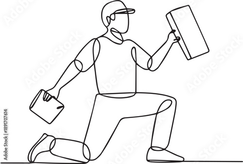 Man holding briefcase and tablet kneeling on one knee in action pose