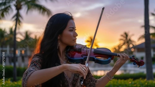 Young woman playing electric violin at sunset in a tropical resort
